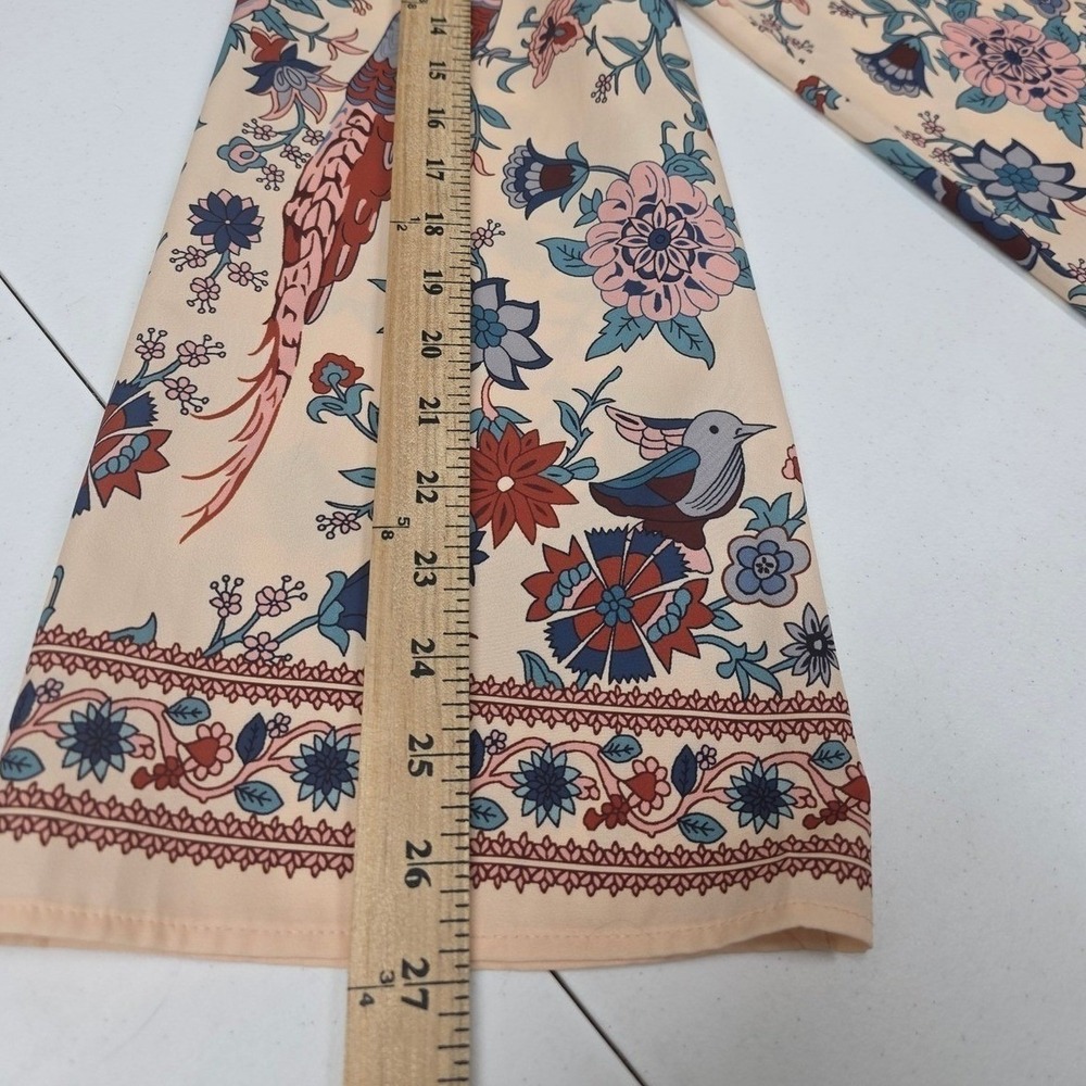 Boho Floral Bird Print Blouse XL Mock Neck Bell Sleeve Peacock Pattern Top - Picture 8 of 8